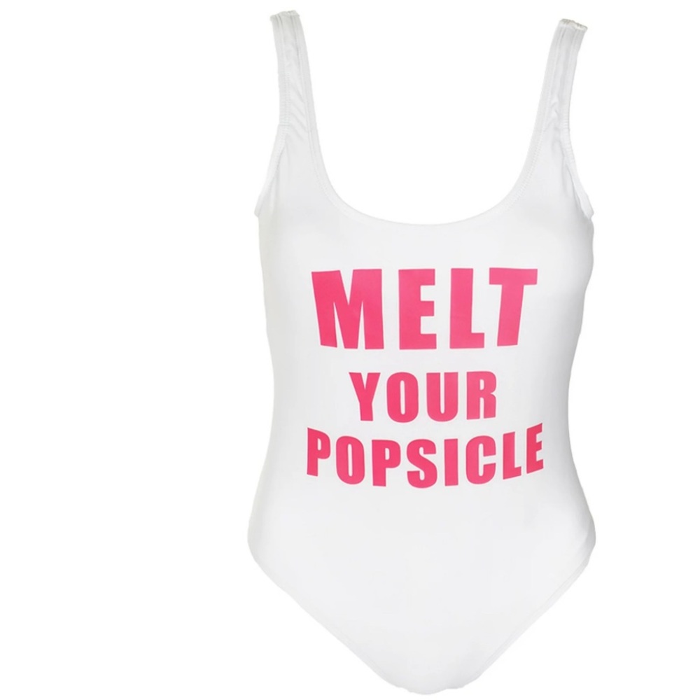 White one piece bathing suit pink lettering melt your popsicle medium padded